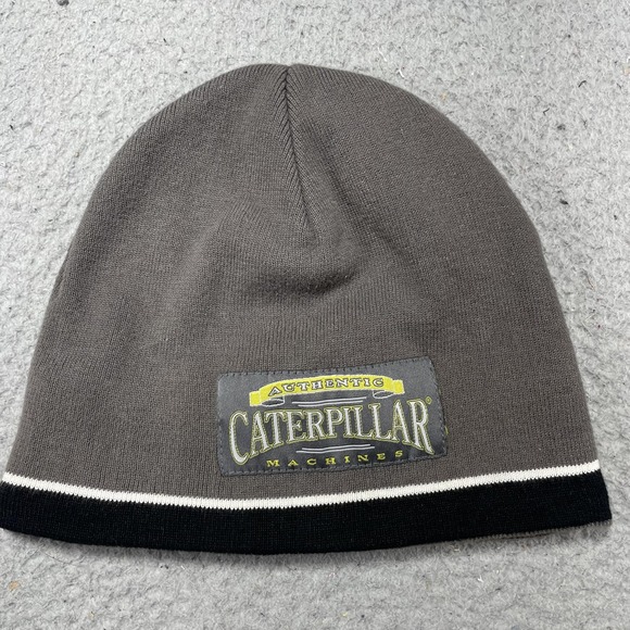Caterpillar‎ Hat Beanie One Size Mens Gray Knit Authentic Machines Workwear Logo